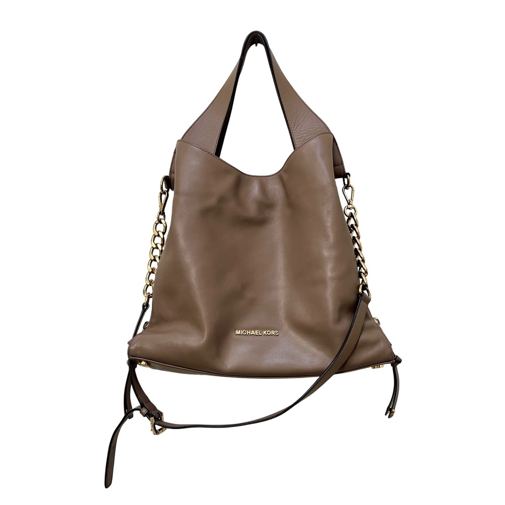 Michael Kors Devon Taupe Leather Convertible Hobo Bag Gold Chain Crossbody Luxe